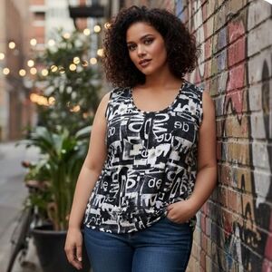 Stylish Black White And Cream Graphic Tank Top, Y2K Style, Plus Size 1X